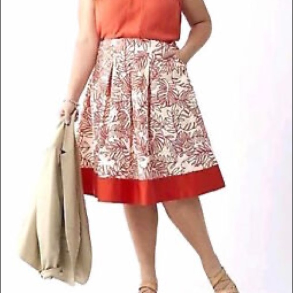 Tan/Orange Linen Leaf Midi A-Line Skirt